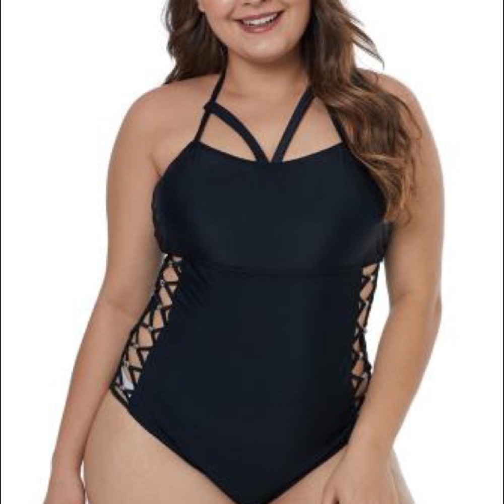 Plus Sized Black Halter Swimsuit w/ cut outs